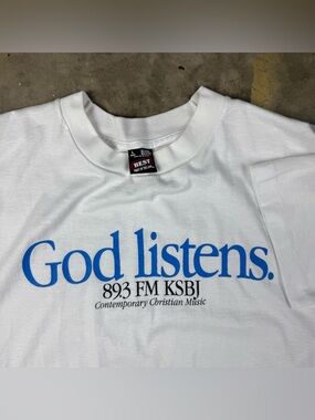 Vintage God Listens T-Shirt Large 89.3FM KSBJ Christian Jesus Radio 1990s Tee